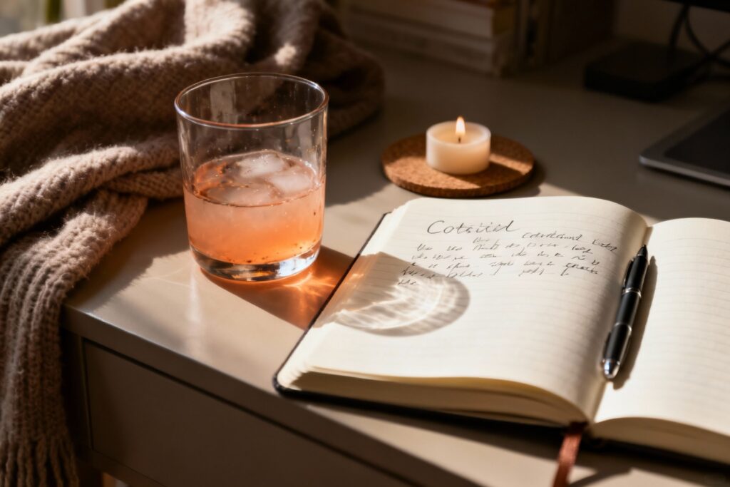 afternoon wellness break with a cortisol cocktail and soft cozy lighting