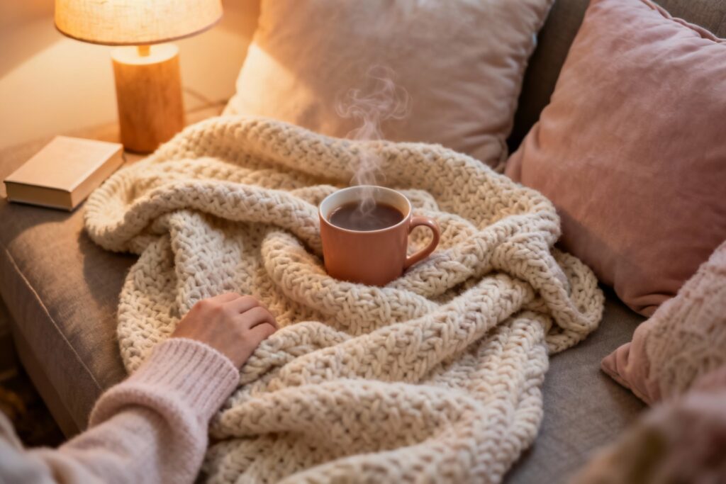cozy evening moment with a calming drink on a soft blanket