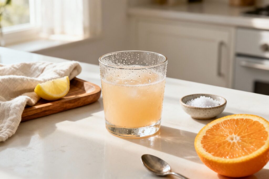 cozy morning cortisol cocktail drink on a kitchen counter with soft natural light