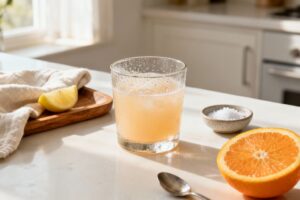 cozy morning cortisol cocktail drink on a kitchen counter with soft natural light