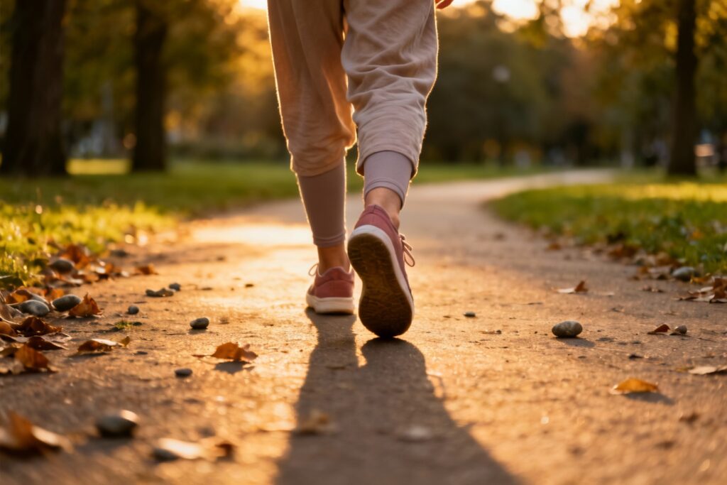 slow evening walk moment with soft sunlight for stress relief