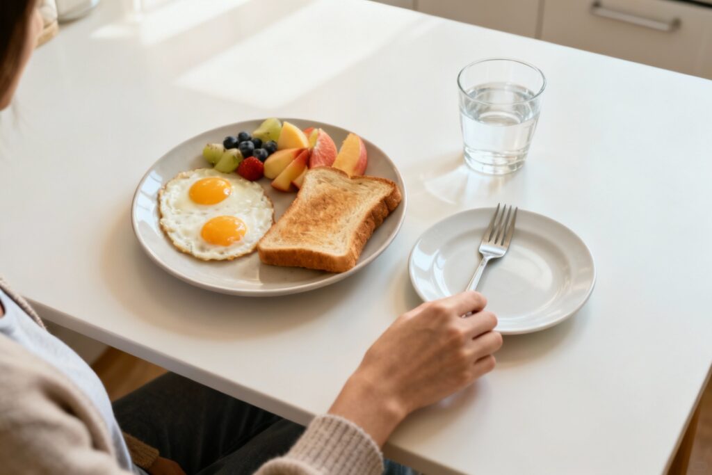 Simple plate with eggs and fruit on a clean table showing a balanced breakfast.