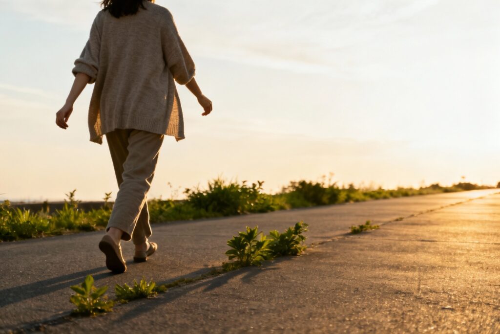 Woman walking slowly outside during golden hour feeling peaceful and grounded.