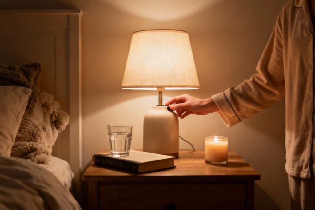 Soft bedside lamp glowing next to a book and water glass creating a soothing mood.