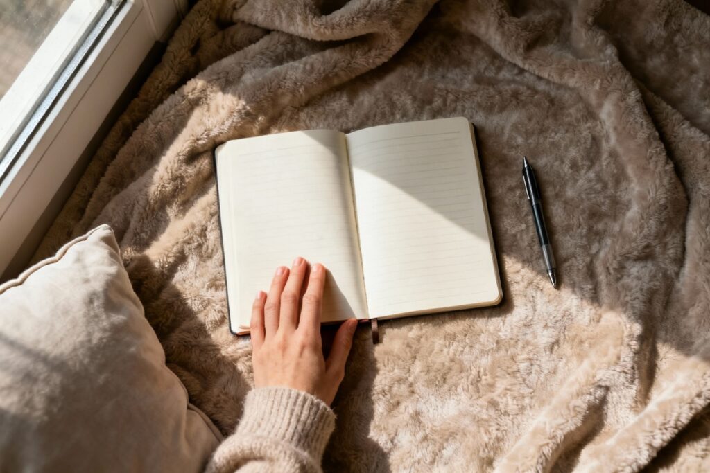 Open notebook on a soft blanket with gentle morning light creating a reflective mood.