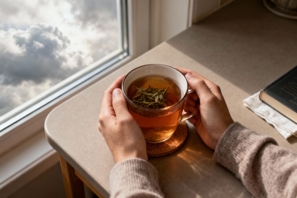 Hands holding warm herbal tea on a neutral table during a quiet pause.