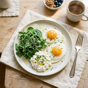 low cortisol breakfast plate with eggs and greens