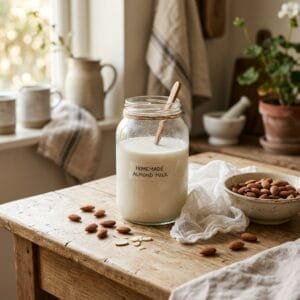 homemade almond milk in a glass jar with raw almonds