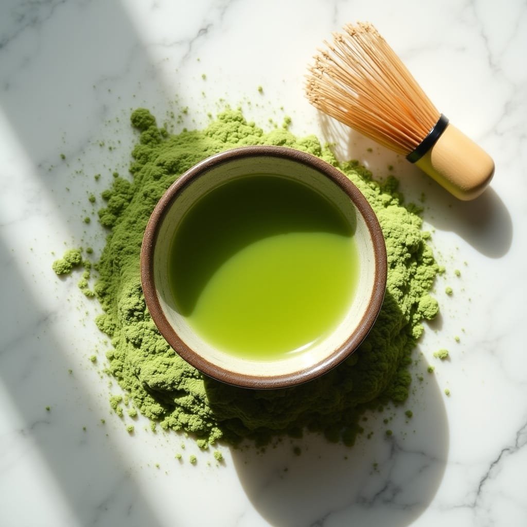 Beautiful matcha green tea in a ceremonial bowl surrounded by matcha powder and a bamboo whisk on white marble