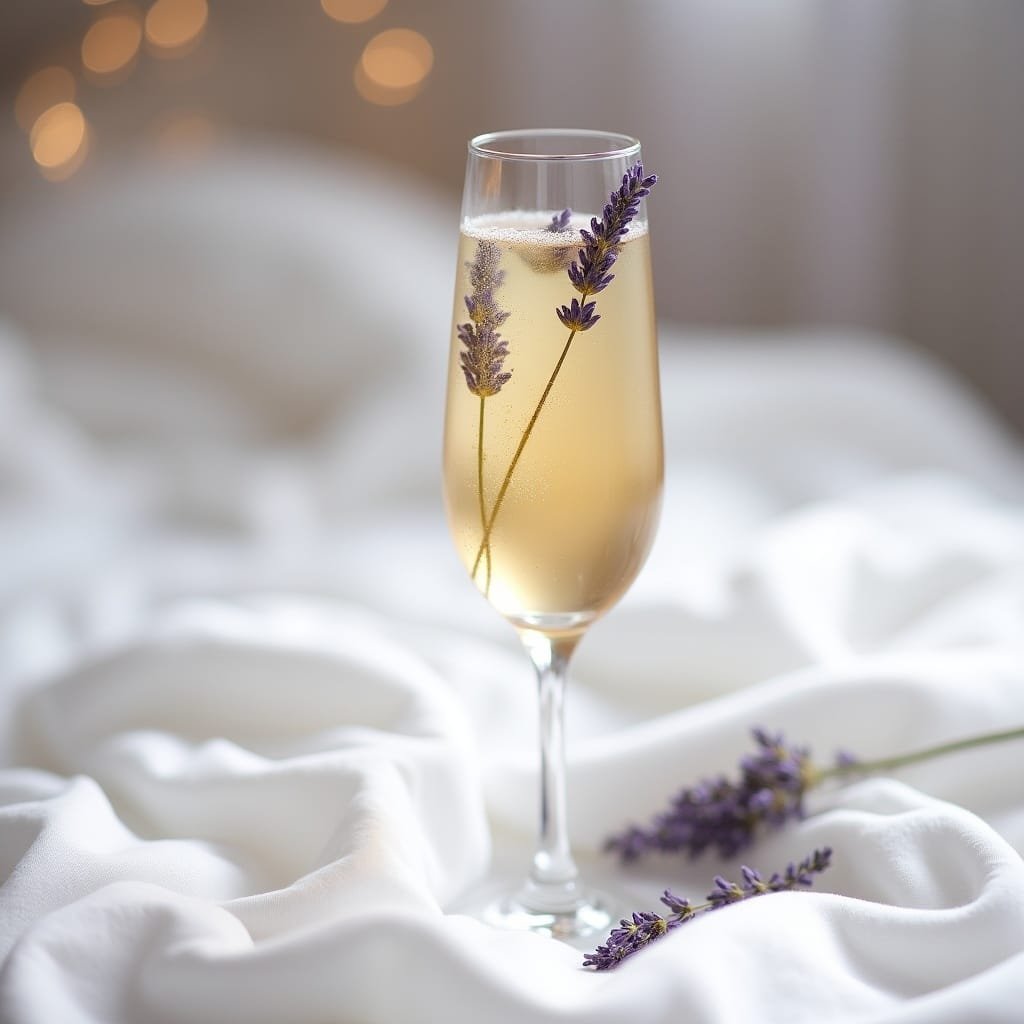 A dreamy glass of lavender chamomile sparkling mocktail with dried lavender sprigs floating in it
