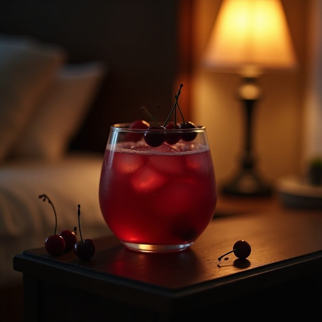 A deep ruby red tart cherry juice mocktail in a rounded vintage glass with fresh cherries on the rim