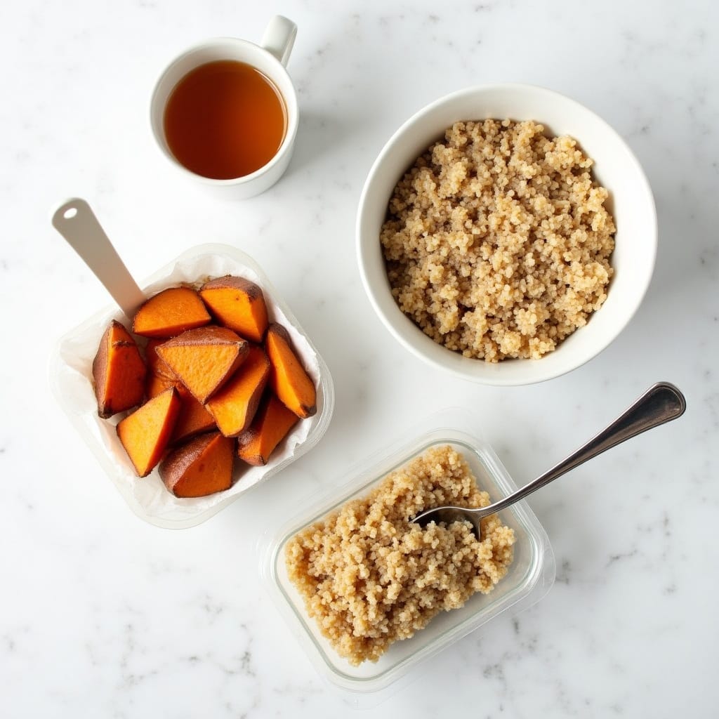 Beautiful styled flat lay of a full day of cortisol-friendly eating