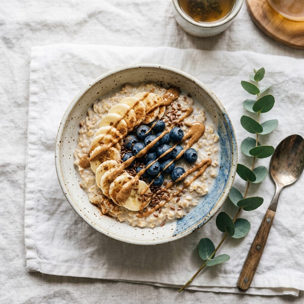 Stunning overhead cortisol detox breakfast bowl with oatmeal, banana, blueberries, almond butter and cinnamon