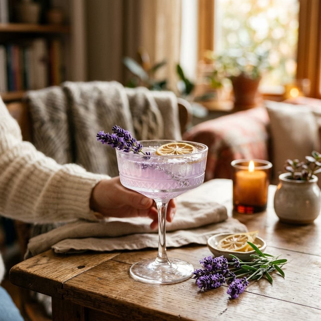 A calming lavender and lemon cocktail mocktail in a beautiful aesthetic glass