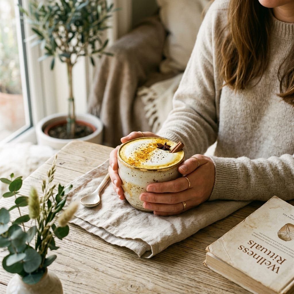 A warm golden turmeric milk latte in a ceramic mug