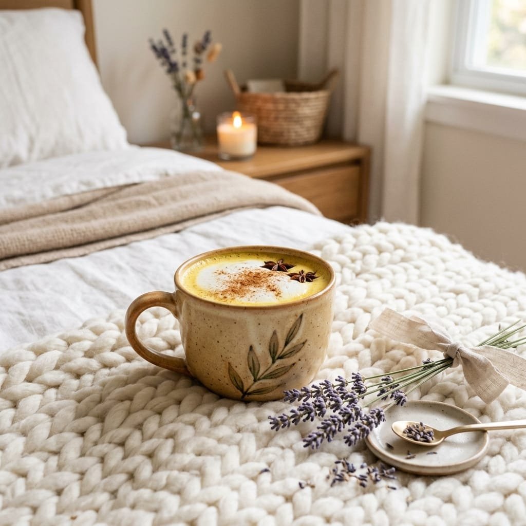 A soothing warm cup of golden milk turmeric latte on a soft white blanket