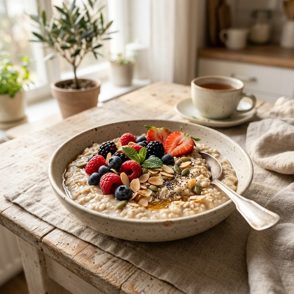 A comforting bowl of berry oatmeal with almond milk in beautiful morning light