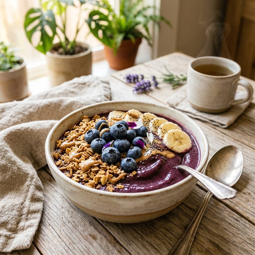 A vibrant healthy acai bowl topped with granola and blueberries