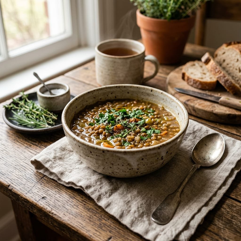 A beautiful rustic bowl of warm lentil soup on a wooden table