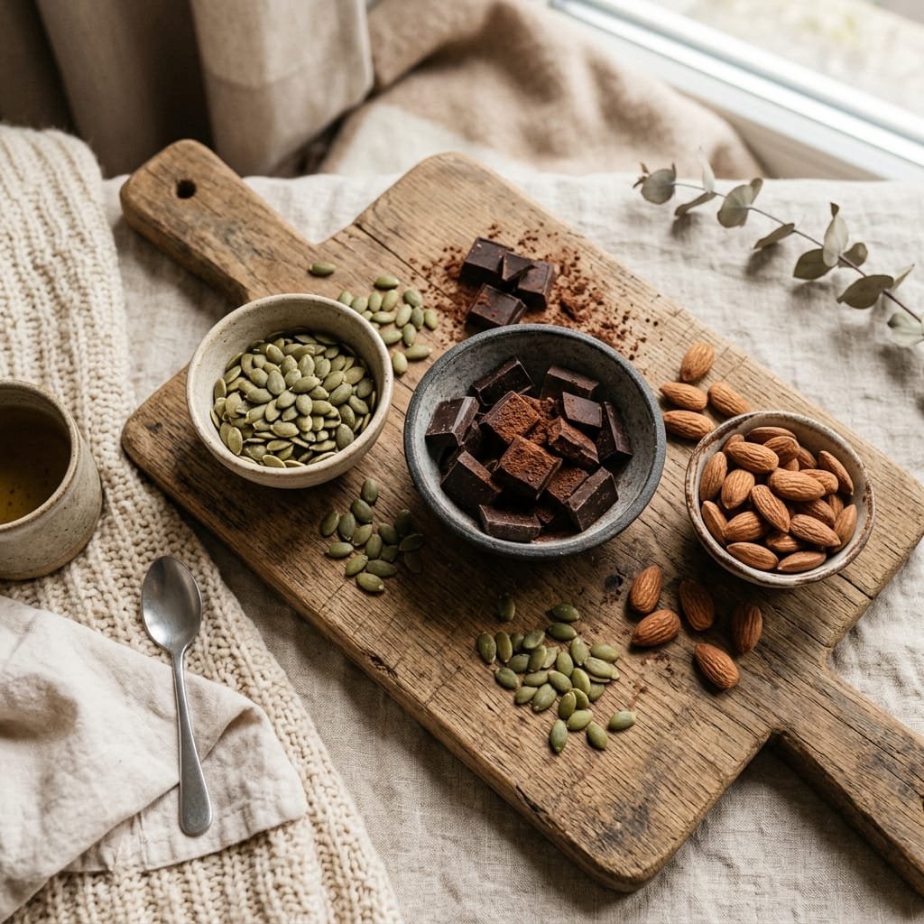 Aesthetic overhead shot of pumpkin seeds, dark chocolate, and almonds on a soft wooden board