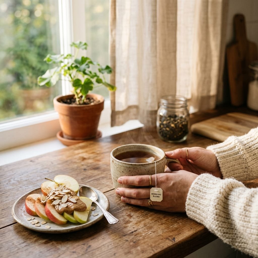 A cozy morning kitchen scene with a hand holding a warm ceramic mug of tea and slices of apples with almond butter