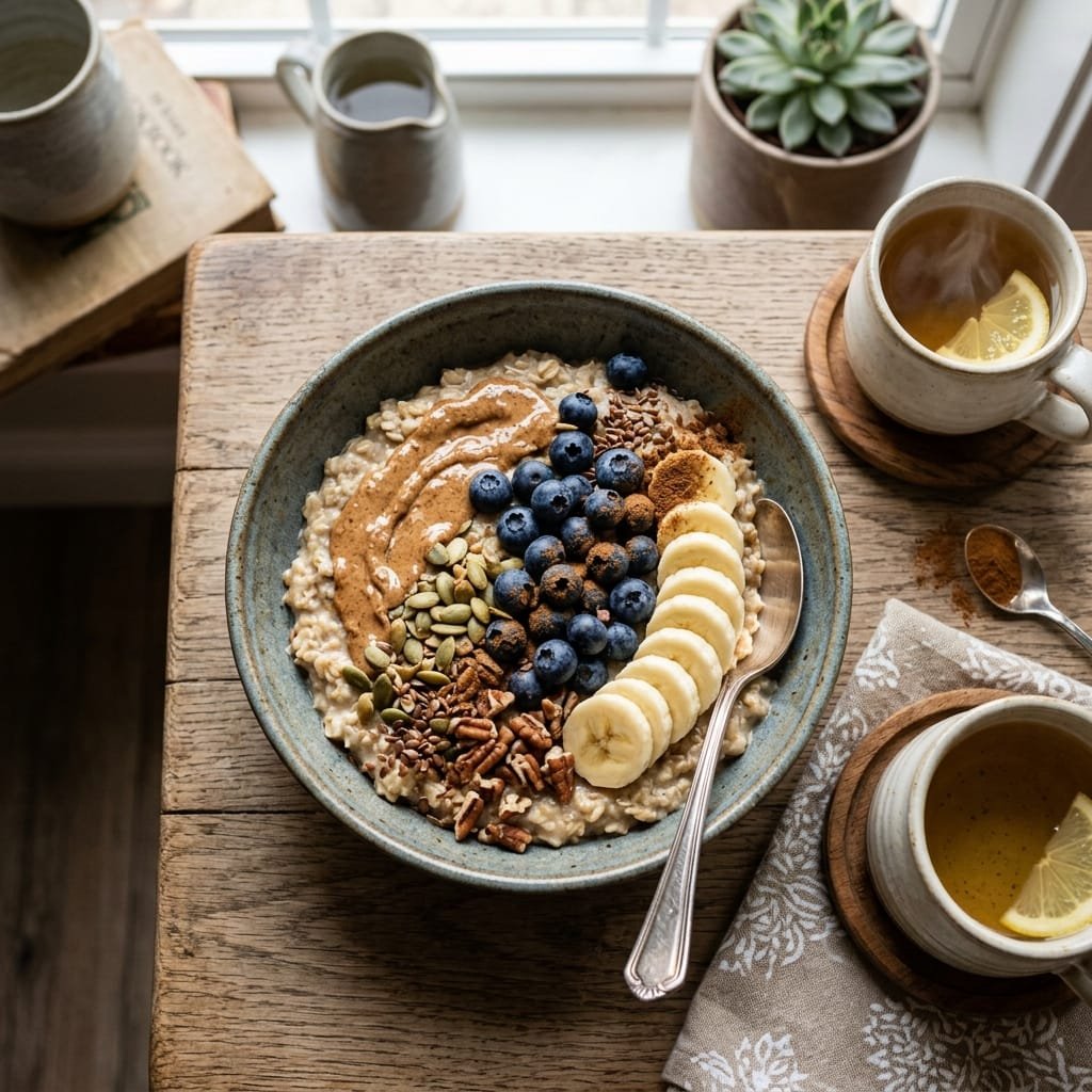 Beautiful overhead shot of a cortisol-lowering oat breakfast bowl with almond butter, blueberries and banana