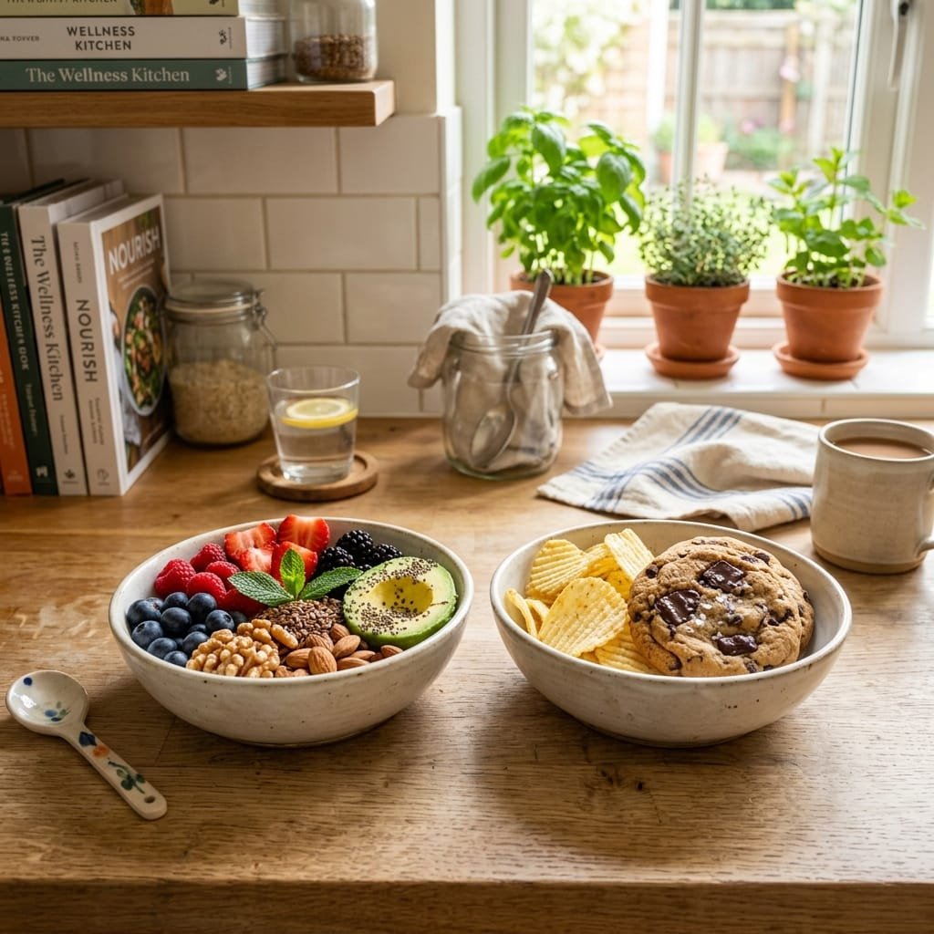 Two bowls side by side showing cortisol-lowering foods vs foods to avoid for hormone balance