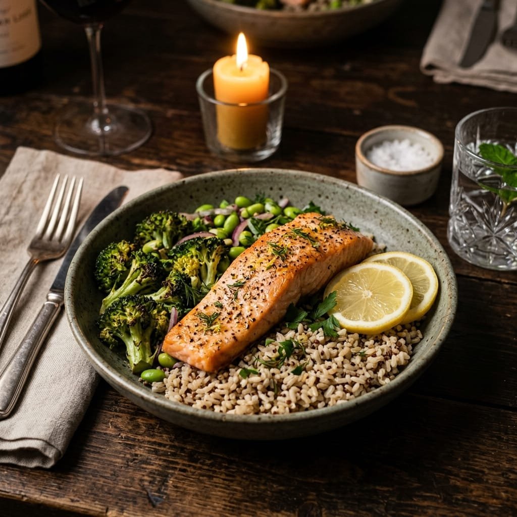A nourishing dinner bowl with salmon, brown rice, roasted broccoli and lemon for cortisol balance