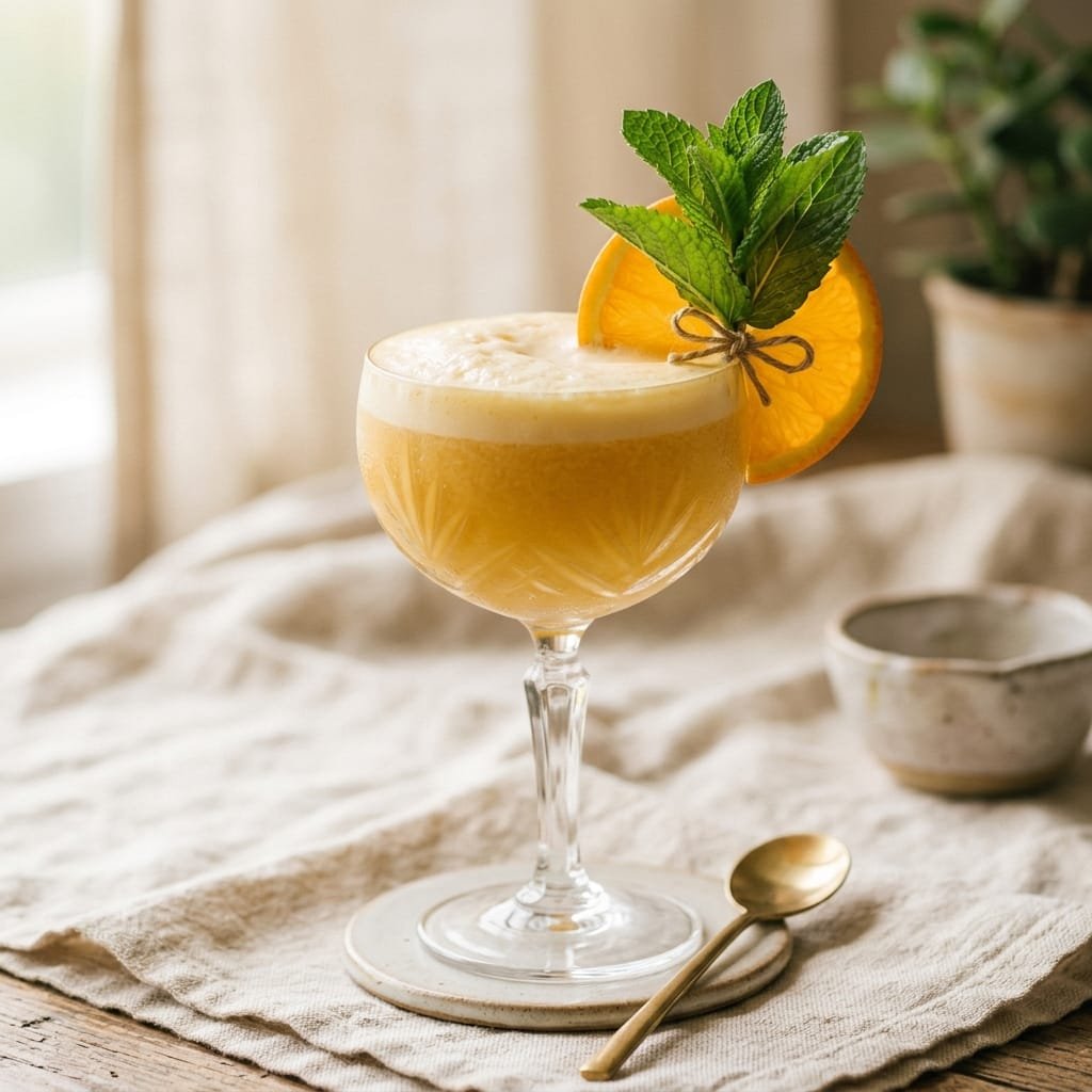 Golden orange creamsicle adrenal cortisol cocktail mocktail in a vintage glass, feminine wellness aesthetic