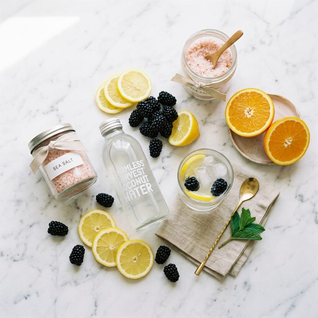 Overhead flatlay of cortisol cocktail ingredients: blackberries, lemon slices, coconut water, sea salt and oranges on white marble