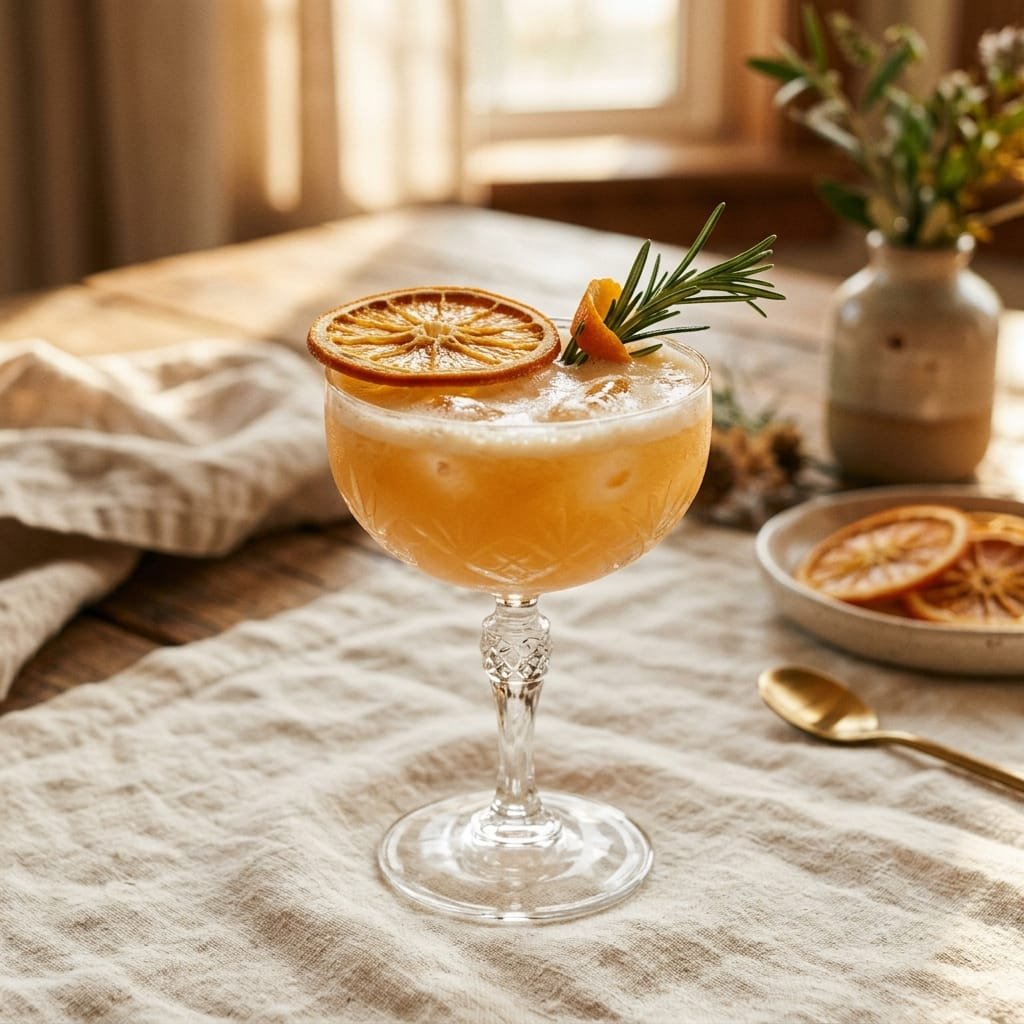 Orange creamsicle adrenal cocktail in a vintage glass garnished with dried orange slice and rosemary