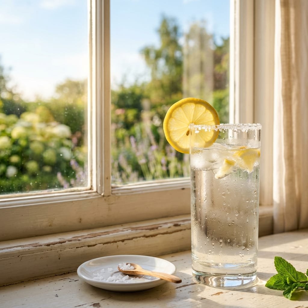 Tall glass of lemon water with sea salt on a morning kitchen windowsill, soft warm light
