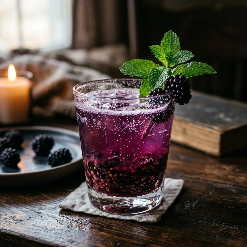 Deep purple berry bliss mocktail with muddled blackberries and mint garnish, moody feminine aesthetic