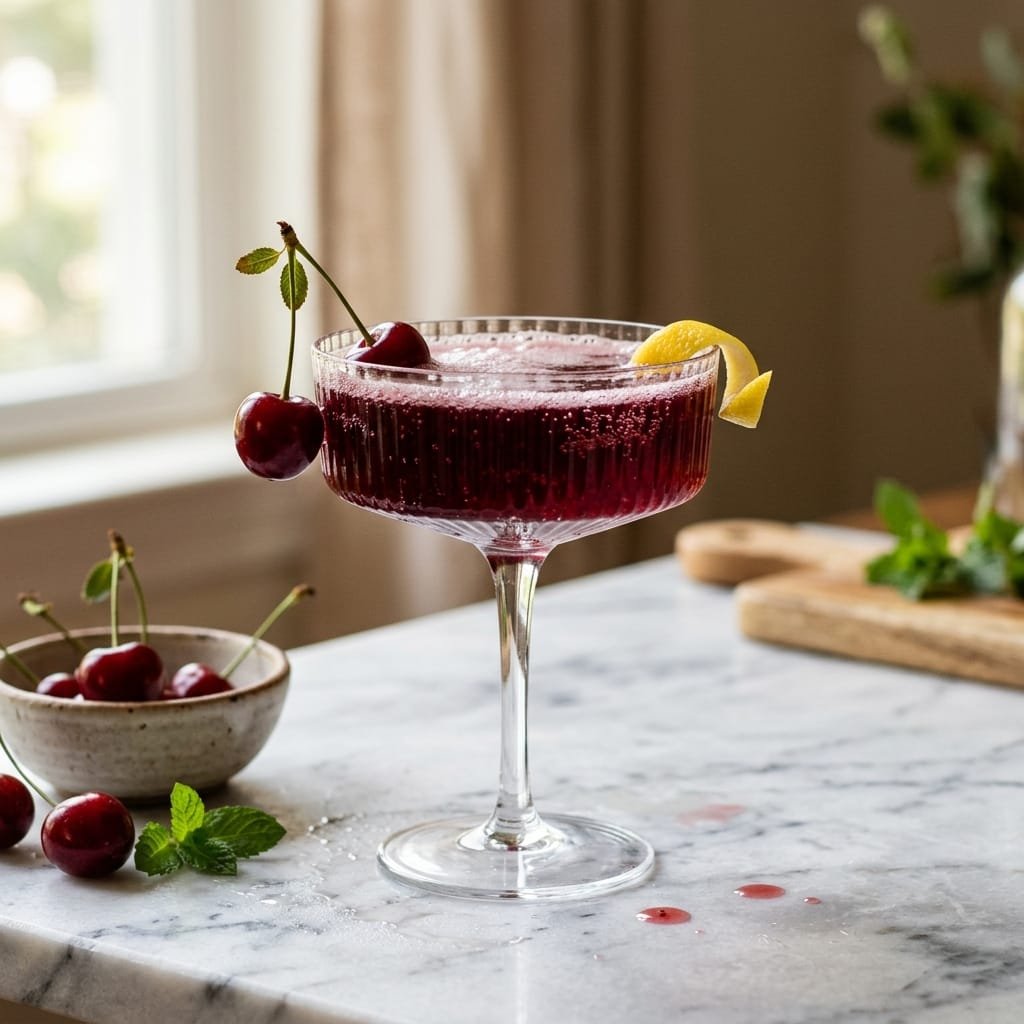 Deep red tart cherry juice mocktail in an elegant glass with fresh cherries and lemon twist, soft afternoon light