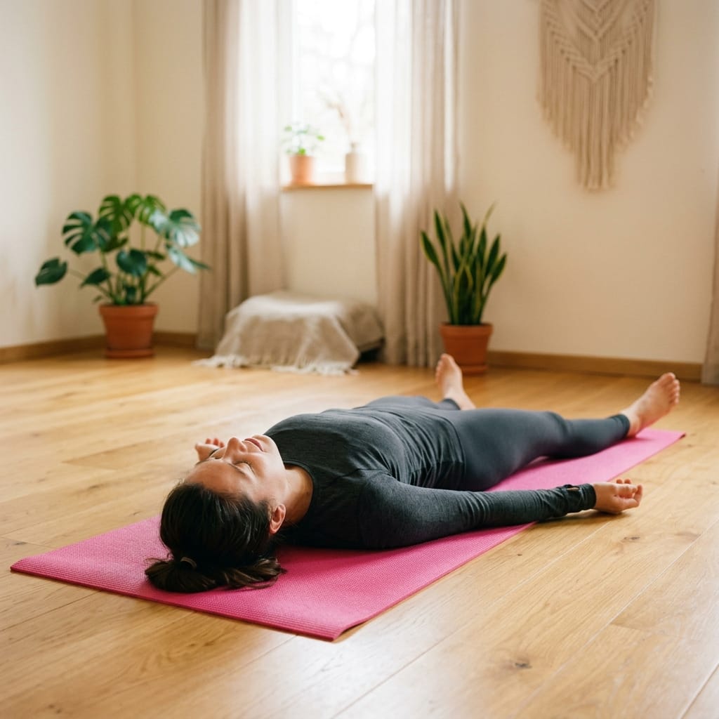 A calm woman in dark activewear lying in Savasana on a pink yoga mat, eyes closed, completely relaxed