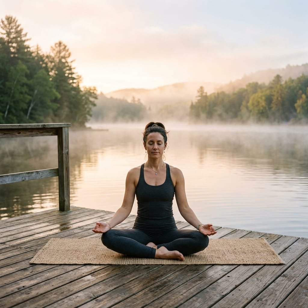 Serene woman in dark yoga clothes sitting in cross-legged meditation pose on a wooden deck with misty lake behind her