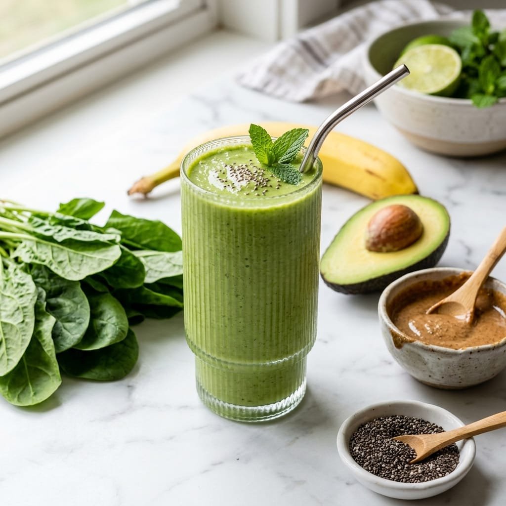 A tall thick creamy green cortisol detox smoothie in a ribbed glass surrounded by spinach, avocado, banana and chia seeds