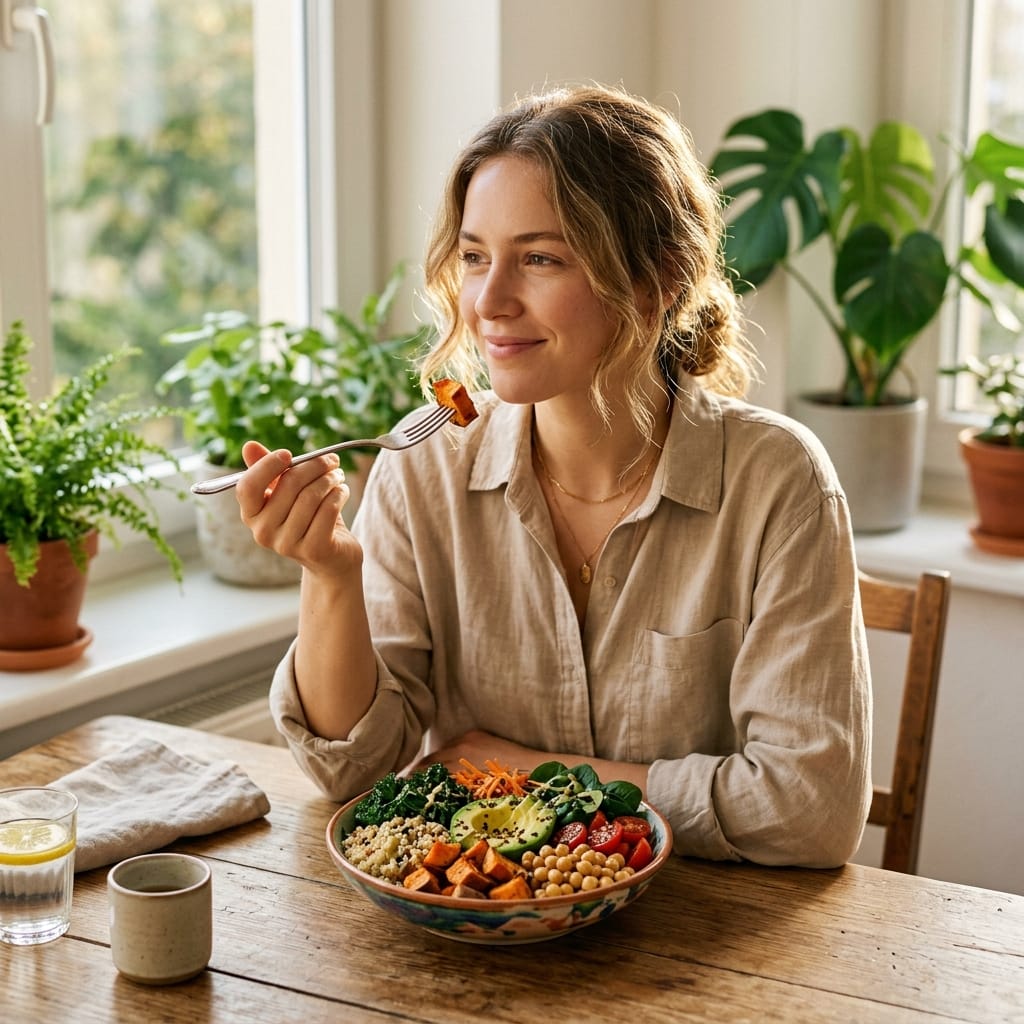 A serene woman eating a beautiful healthy Buddha bowl at a sunlit dining table, looking peaceful and content