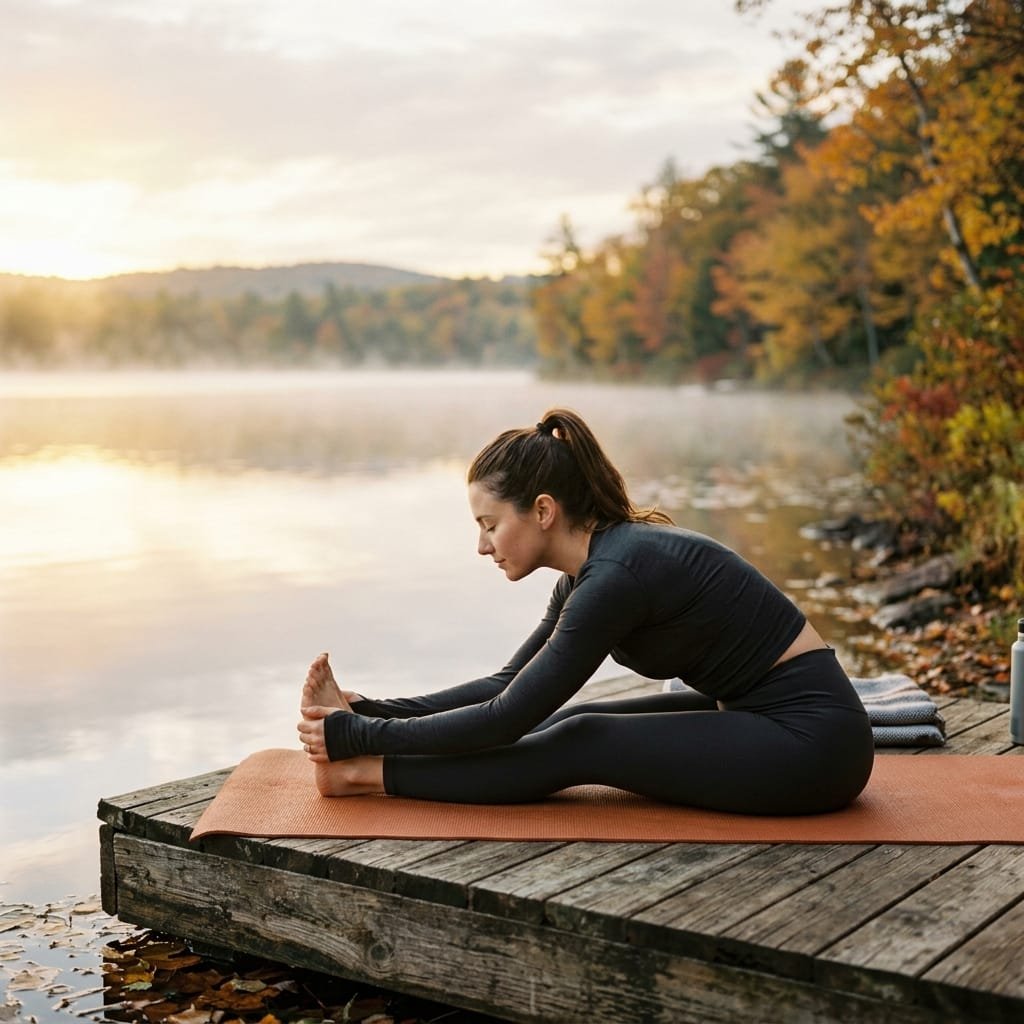A serene woman doing a seated forward fold on a yoga mat by a misty lakeside in autumn, soft golden morning light